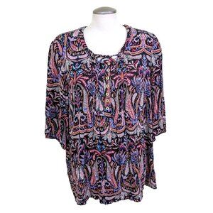 Ulla Popken Popover Tunic Top Blouse Womens Size 16 18 Multi Paisley Tie Front